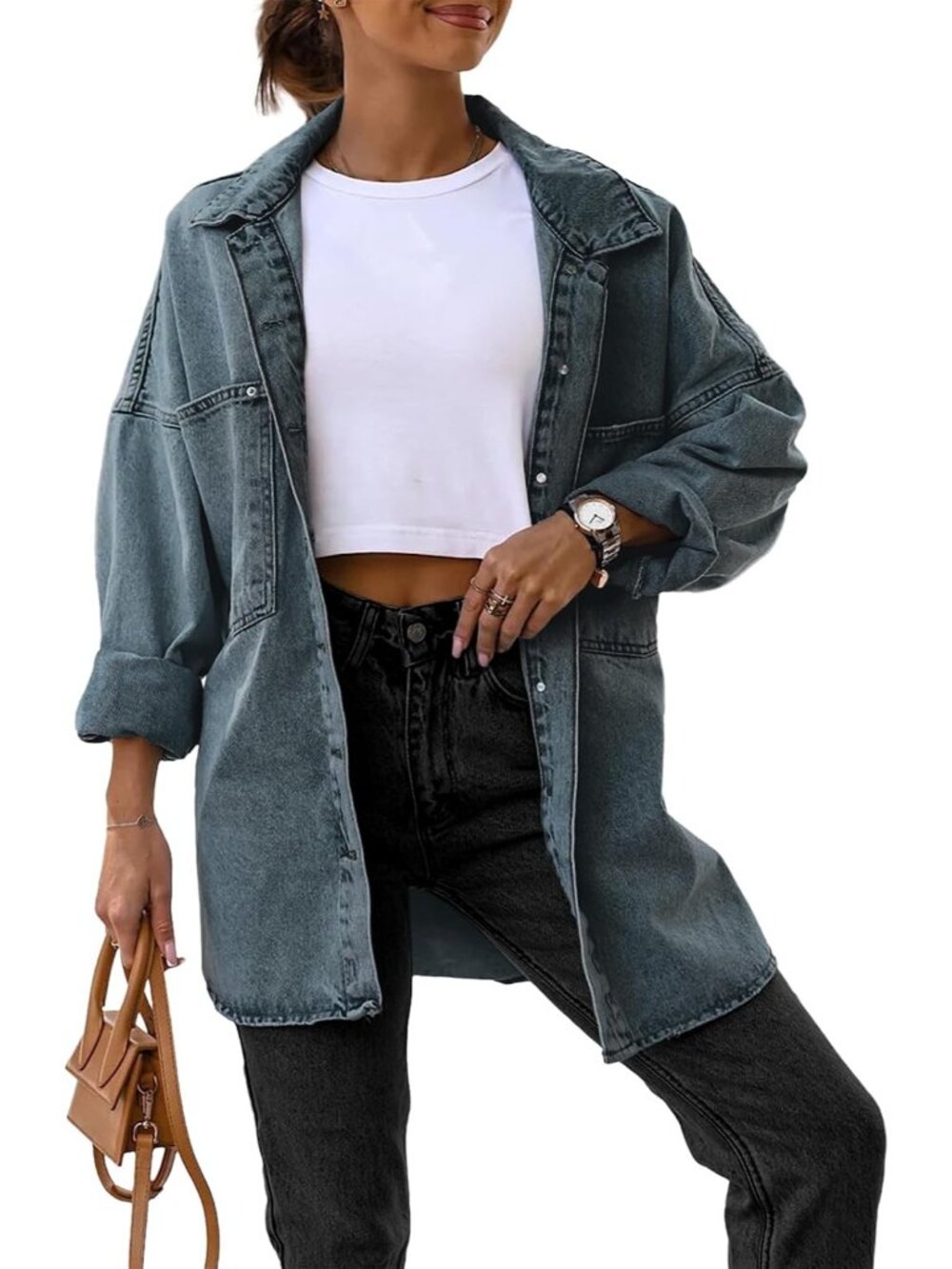 Women’s Navy Oversized Button Down Long Shirt Pockets Denim Jean Jacket Coat